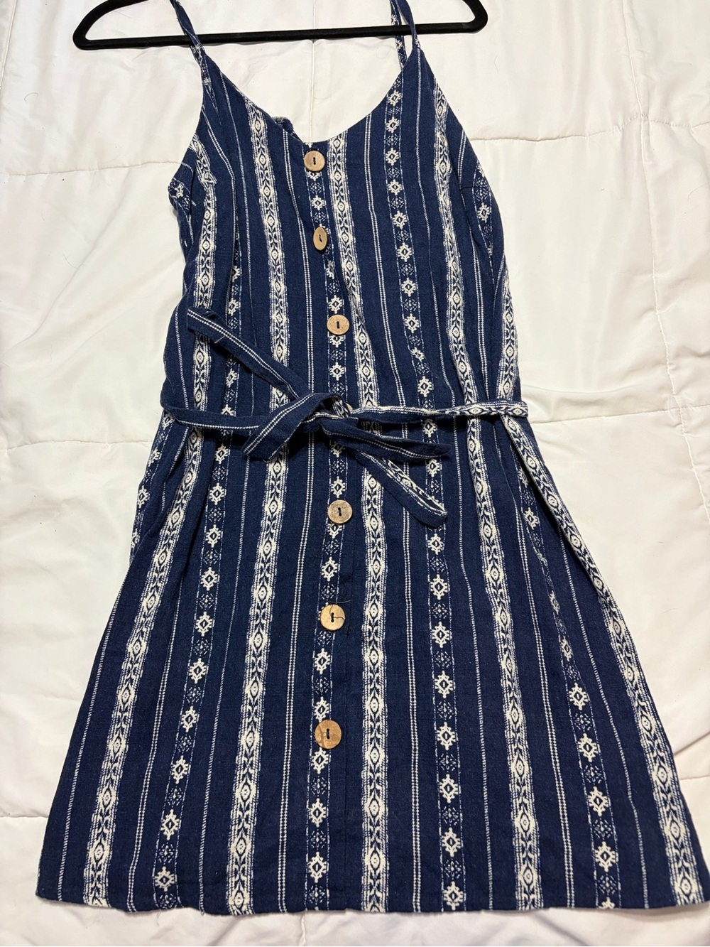 Navy Blue Striped Button-Front Sundress with Tie Waist